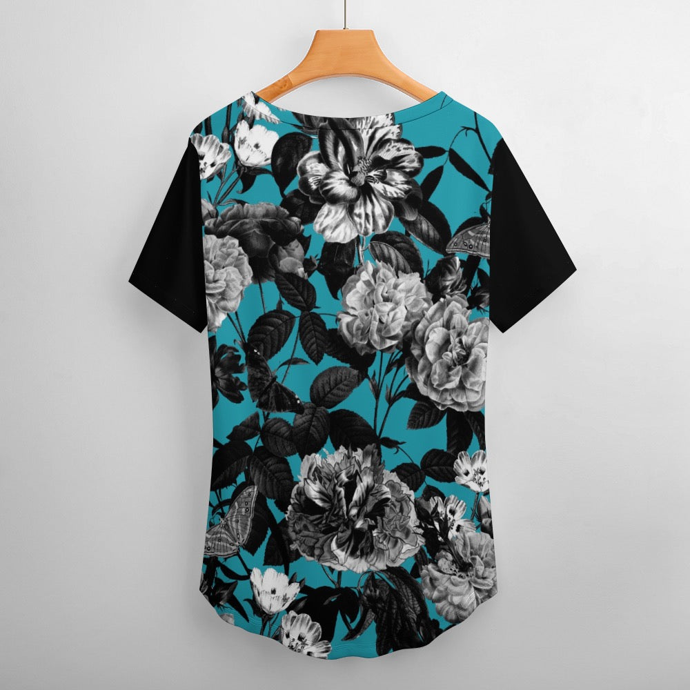 ETC Blue Floral Butterflies V Neck