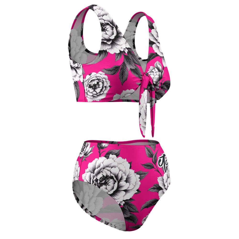 ETC Hot Pink Monochrome Floral High Waisted Bikini Set