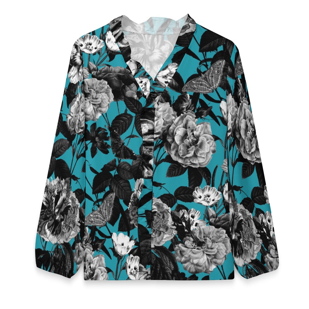 ETC Blue Floral Butterflies Ruffled Blouse