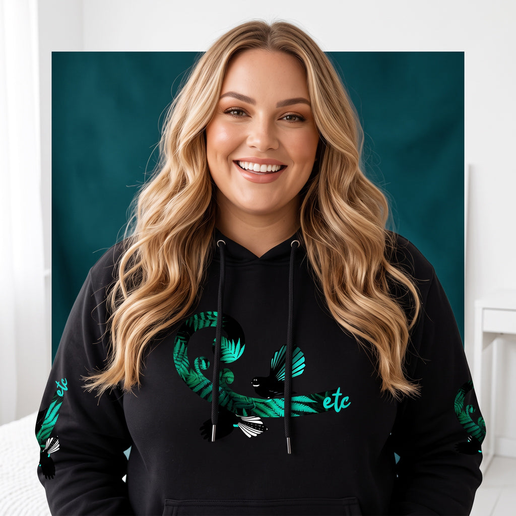 ETC Teal Fantail Fern Cotton Black Hoodie