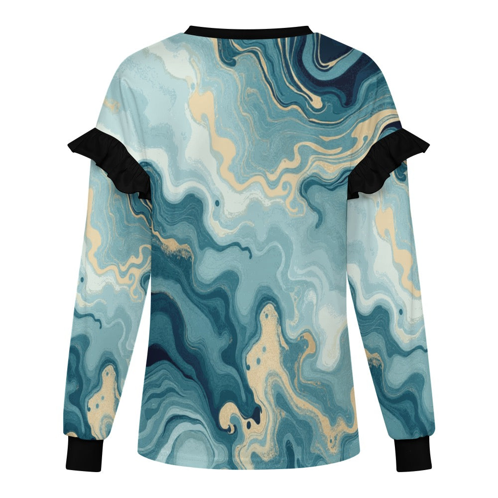 ETC Teal Marble Ruffle Crew