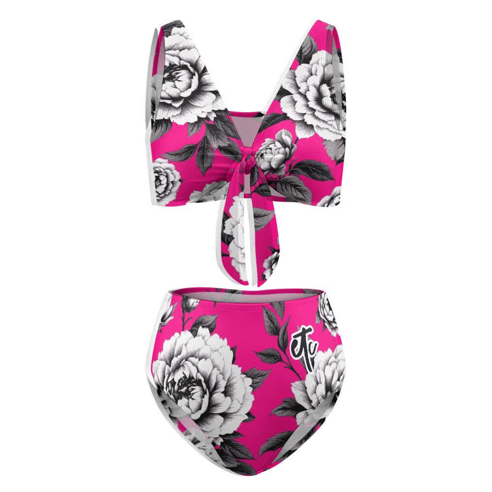 ETC Hot Pink Monochrome Floral High Waisted Bikini Set