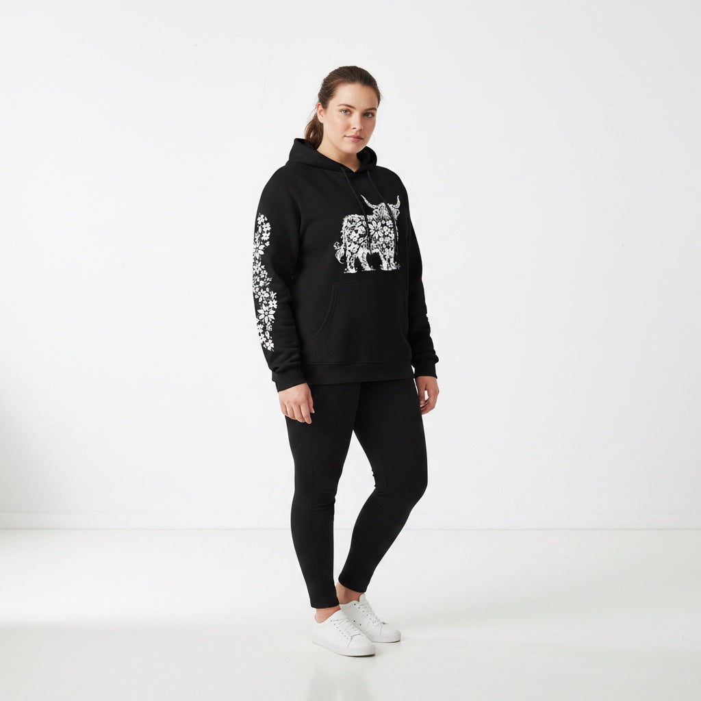 ETC Highland Floral Stencil Highland Cow Hoodie