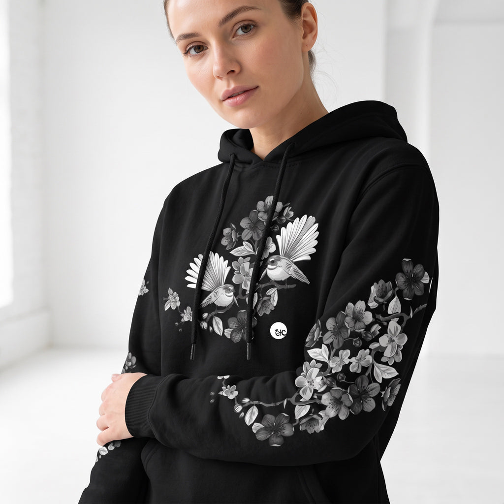 ETC Limited Edition Black & White Floral Fantail Cotton Black Hoodie