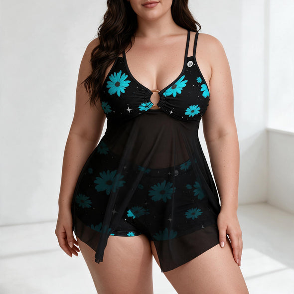 ETC Blue Daisies Mesh Swim Suit with Boy Shorts