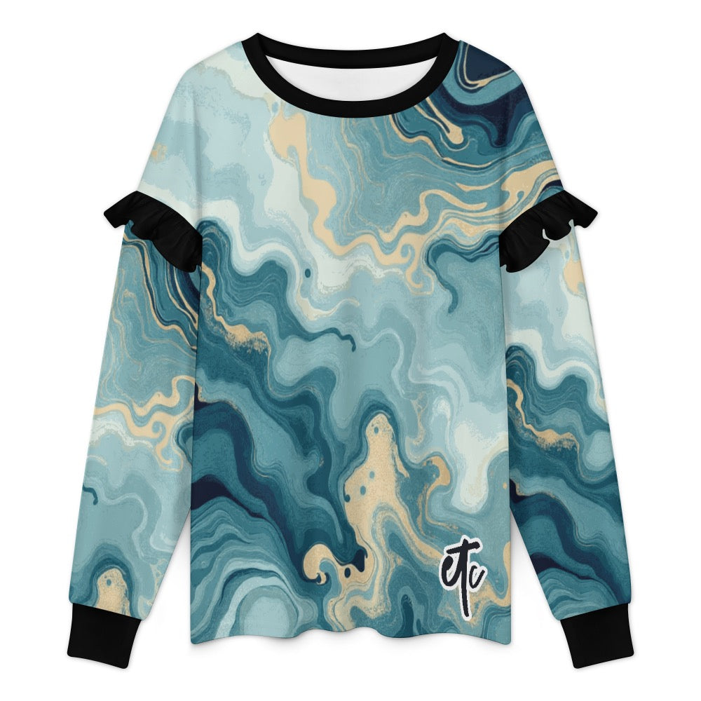 ETC Teal Marble Ruffle Crew