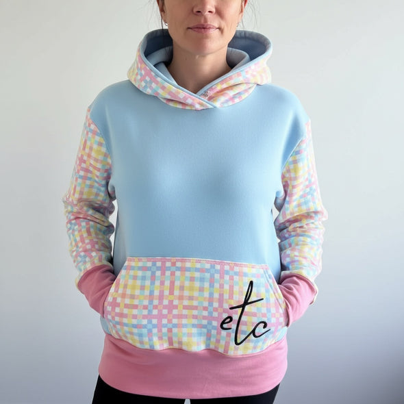 ETC Handmade Blue Pastel Checkered Hoodie - Size Medium (12)