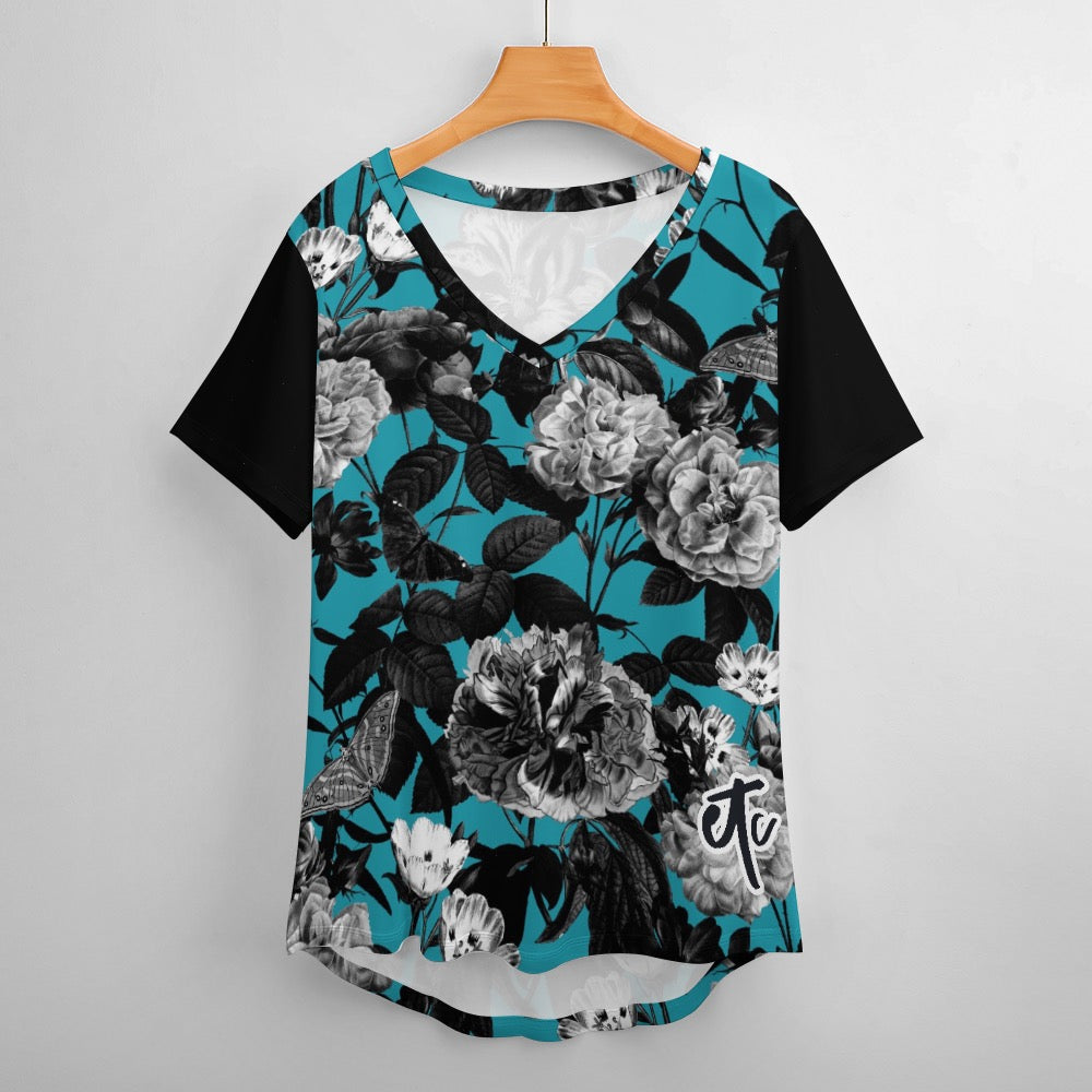 ETC Blue Floral Butterflies V Neck