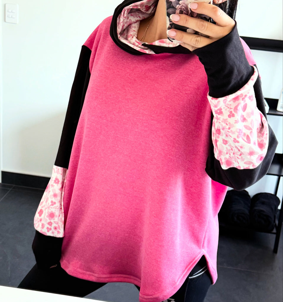 ETC Handmade Pink Floral Curve Hem Hoodie - Size XL (16)