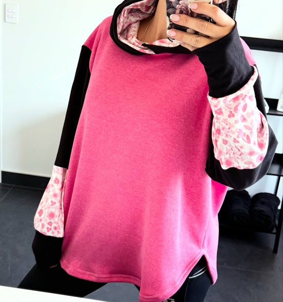 ETC Handmade Pink Floral Curve Hem Hoodie - Size XL (16)