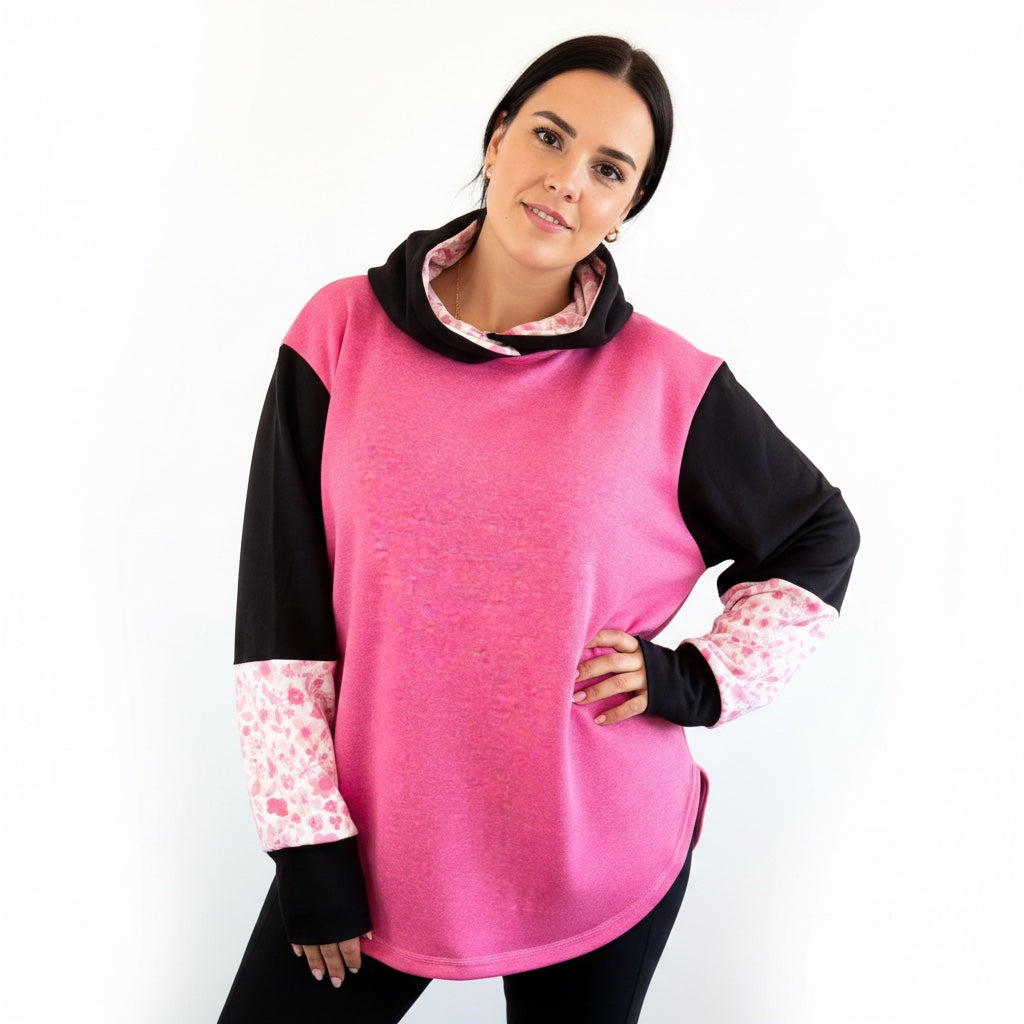 ETC Handmade Pink Floral Curve Hem Hoodie - Size XL (16)