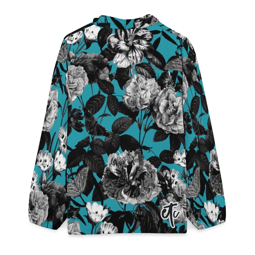 ETC Blue Floral Butterflies Ruffled Blouse