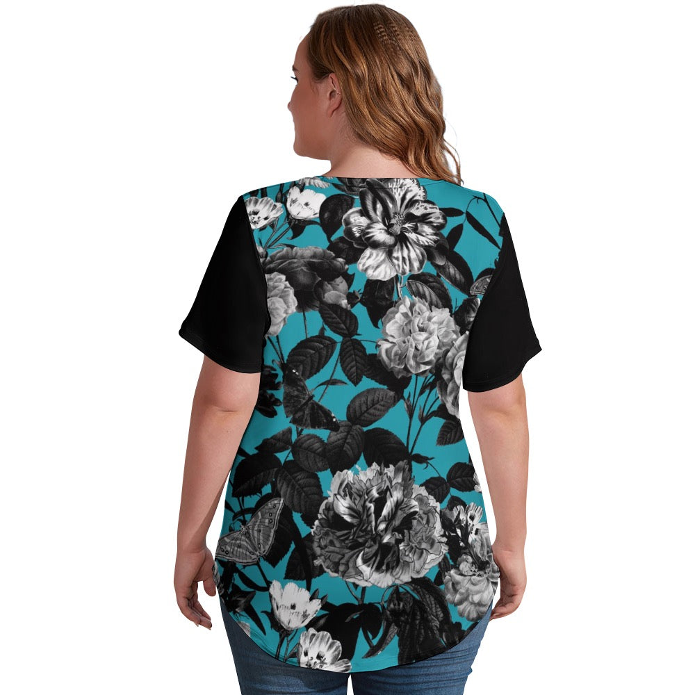 ETC Blue Floral Butterflies V Neck