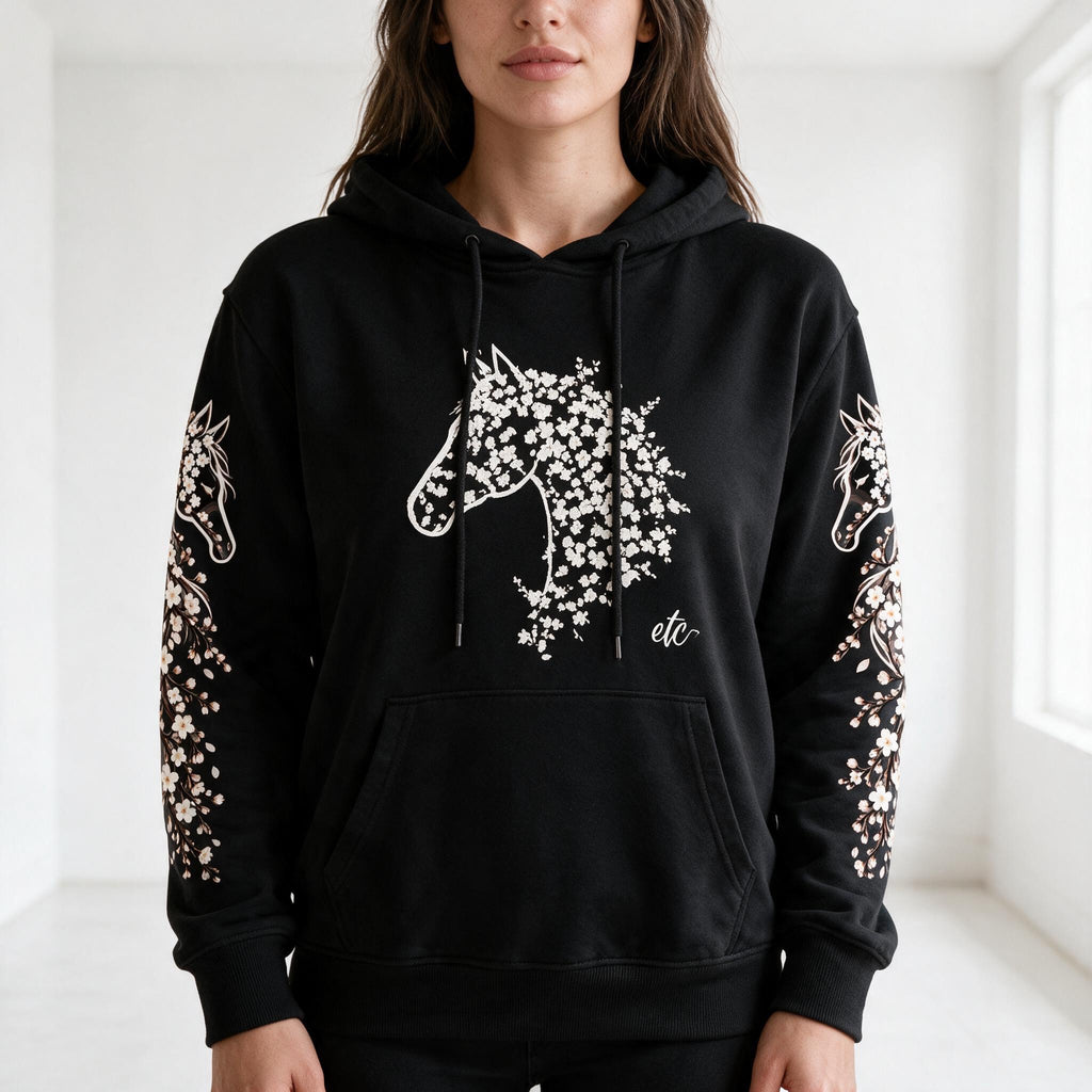 ETC Cherry Blossom Stencil Horse Cotton Hoodie