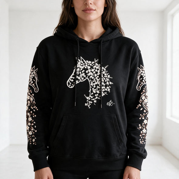 ETC Cherry Blossom Stencil Horse Cotton Hoodie