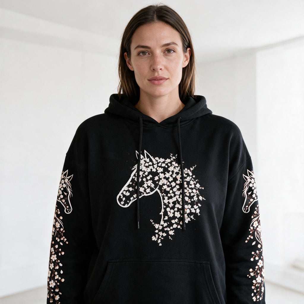 ETC Cherry Blossom Stencil Horse Cotton Hoodie