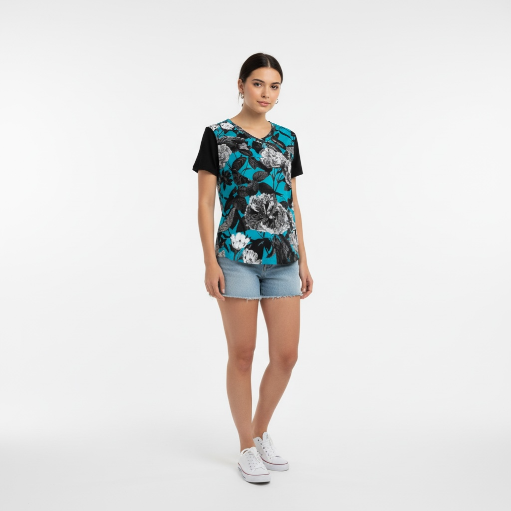 ETC Blue Floral Butterflies V Neck