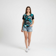 ETC Blue Floral Butterflies V Neck