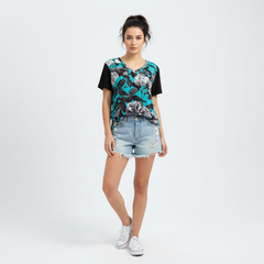 ETC Blue Floral Butterflies V Neck