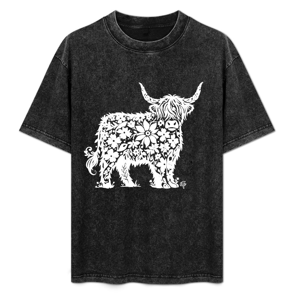 ETC Floral Stencil Vintage Highland Cow Tee