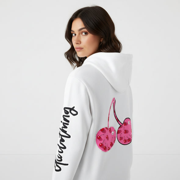 ETC Pink Cherries White Cotton Hoodie