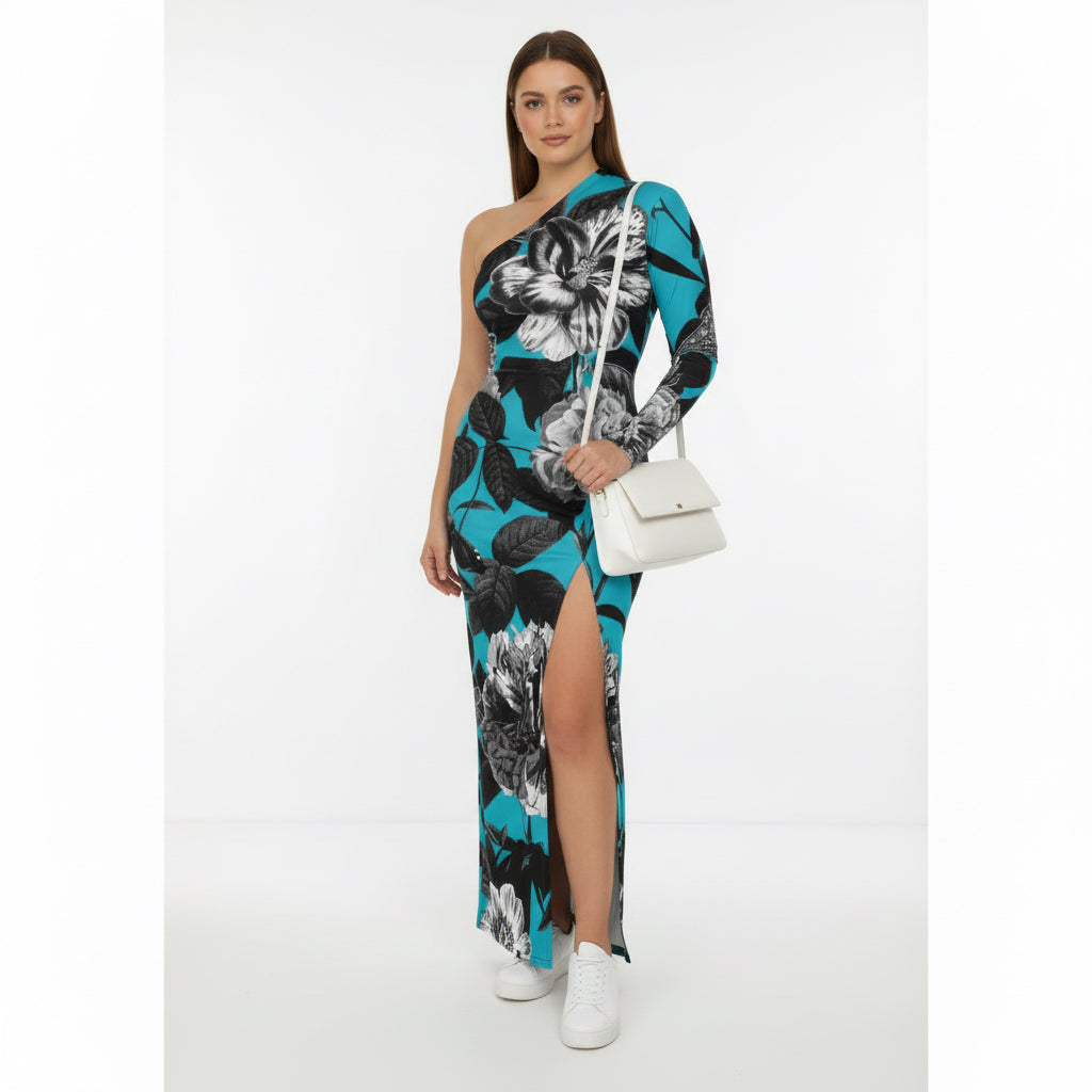 ETC Blue Floral Butterflies One Shoulder Dress