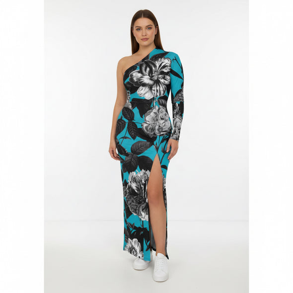 ETC Blue Floral Butterflies One Shoulder Dress