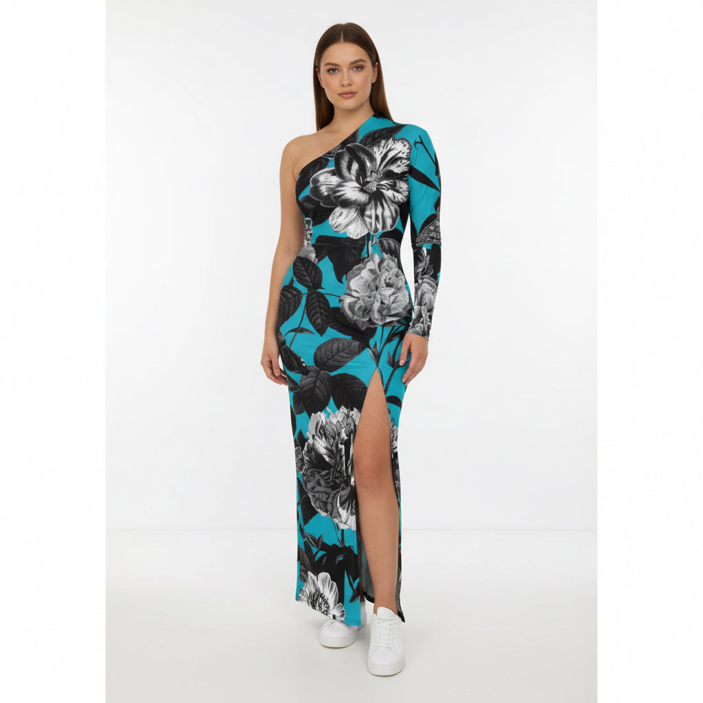 ETC Blue Floral Butterflies One Shoulder Dress