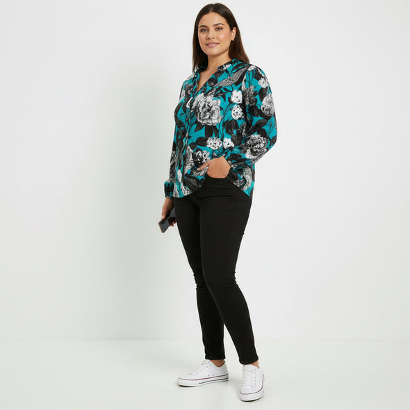 ETC Blue Floral Butterflies Ruffled Blouse