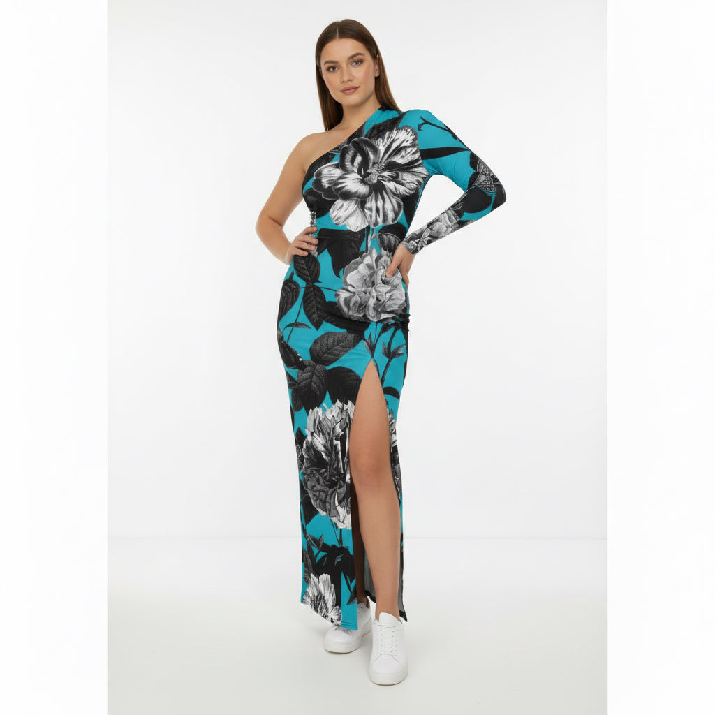 ETC Blue Floral Butterflies One Shoulder Dress