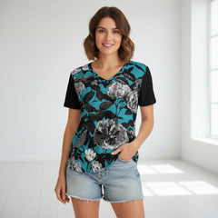 ETC Blue Floral Butterflies V Neck
