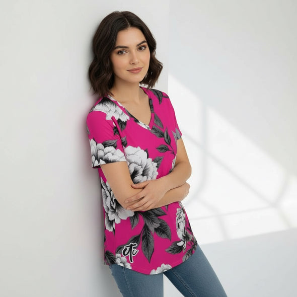 ETC HOT PINK MONOCHROME FLORAL V Neck Tee