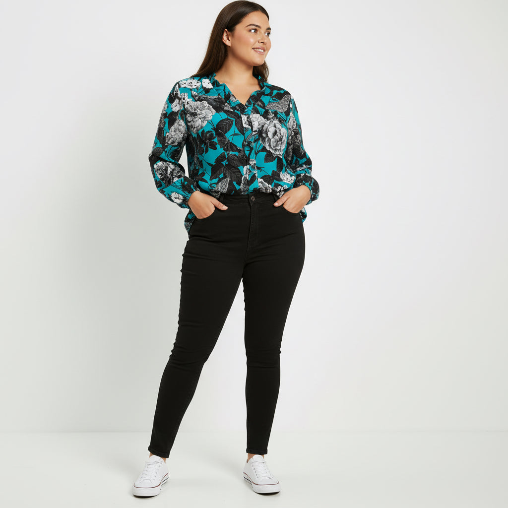 ETC Blue Floral Butterflies Ruffled Blouse