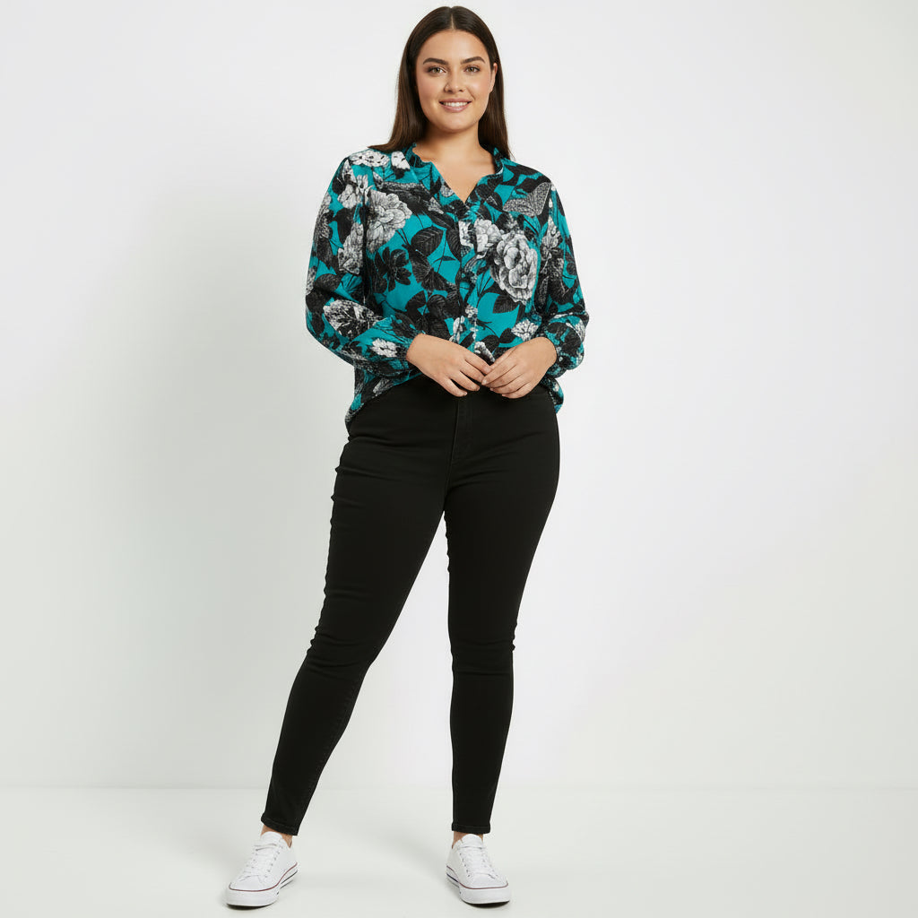 ETC Blue Floral Butterflies Ruffled Blouse