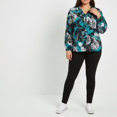 ETC Blue Floral Butterflies Ruffled Blouse