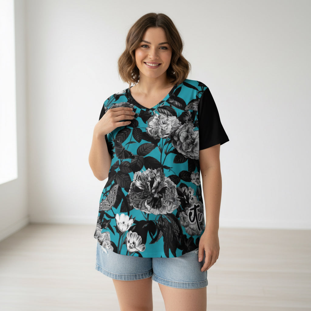 ETC Blue Floral Butterflies V Neck