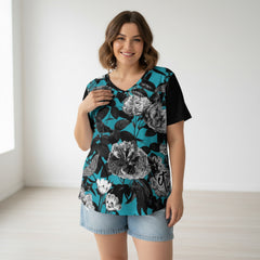 ETC Blue Floral Butterflies V Neck