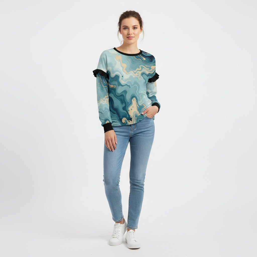 ETC Teal Marble Ruffle Crew