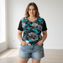 ETC Blue Floral Butterflies V Neck