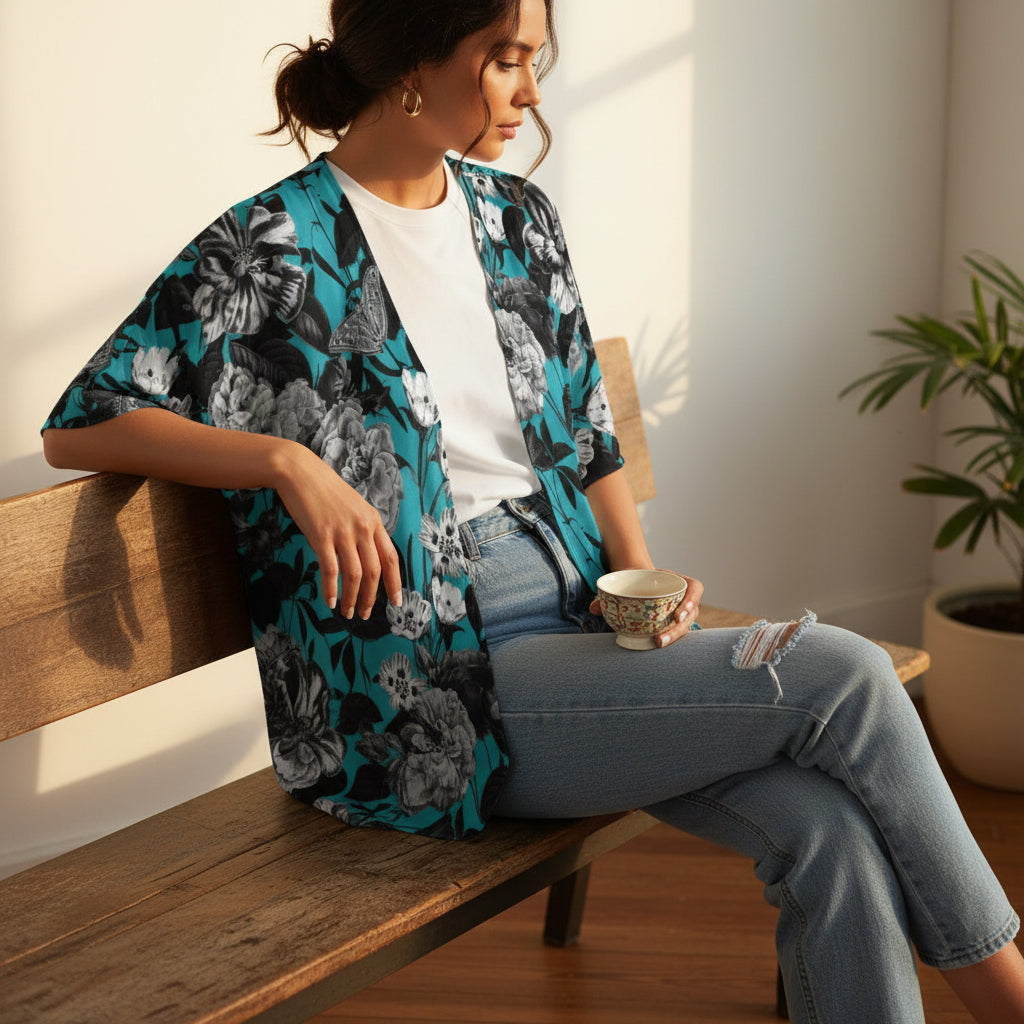 ETC Blue Floral Butterflies Kimono