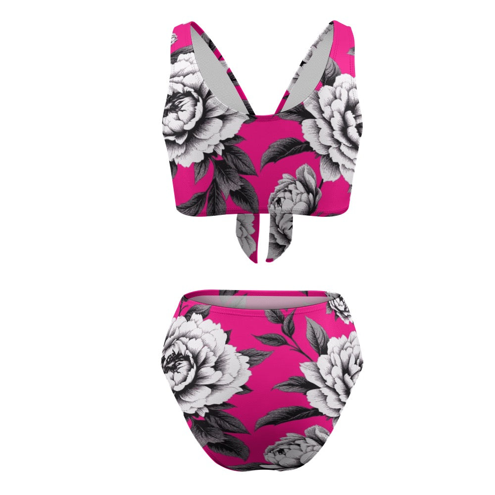 ETC Hot Pink Monochrome Floral High Waisted Bikini Set