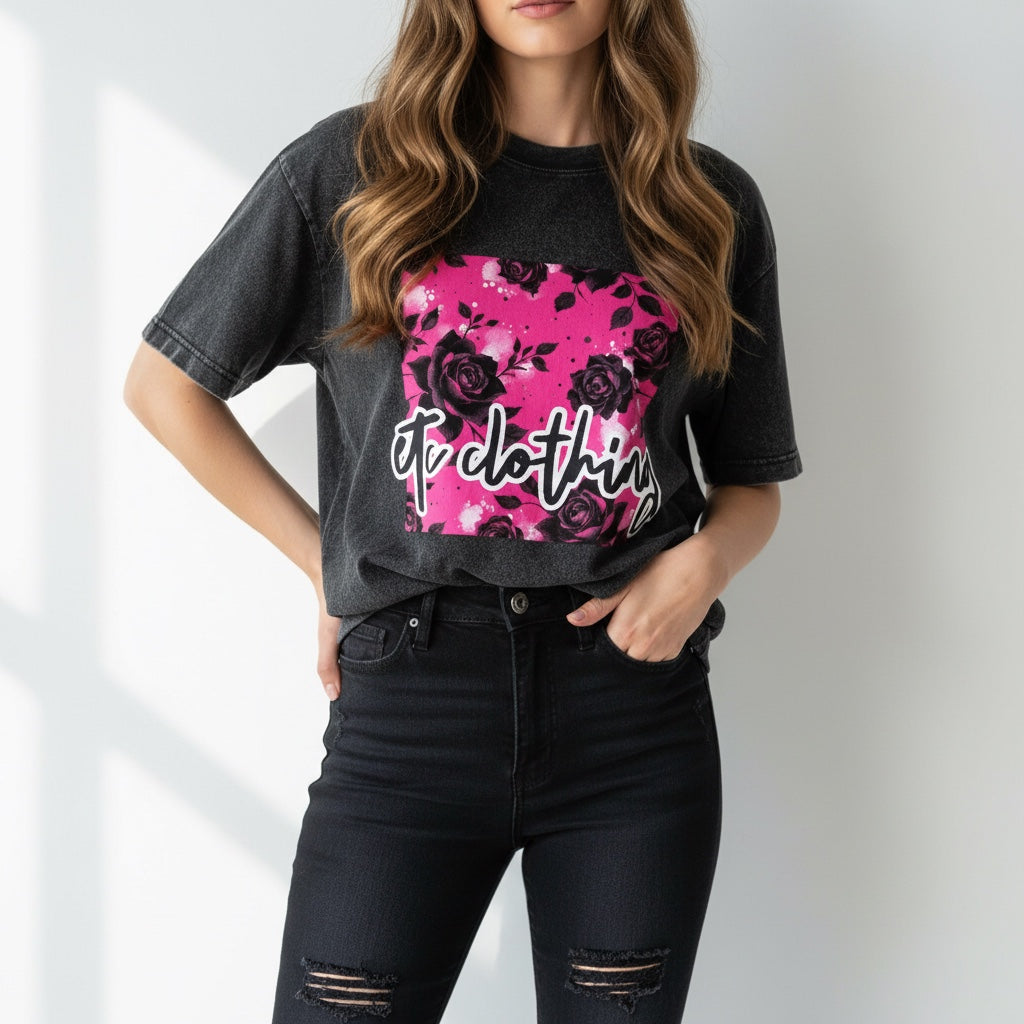 ETC Hot Pink Floral Noir Square Logo Vintage Wash Tee