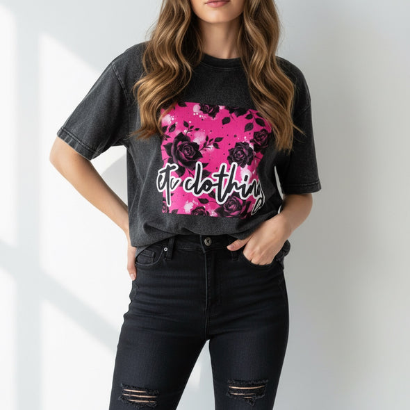 ETC Hot Pink Floral Noir Square Logo Vintage Wash Tee