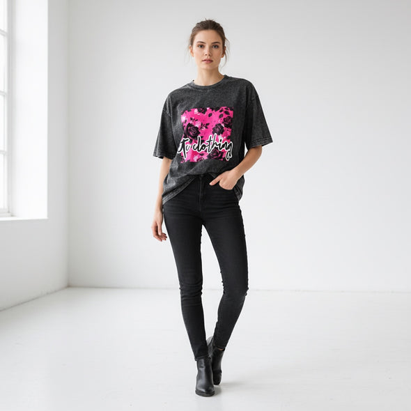 ETC Hot Pink Floral Noir Square Logo Vintage Wash Tee