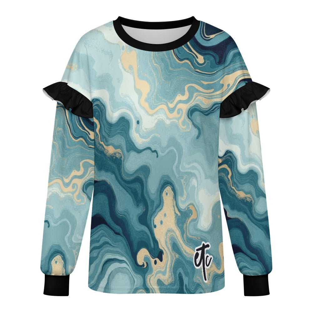 ETC Teal Marble Ruffle Crew