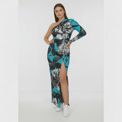 ETC Blue Floral Butterflies One Shoulder Dress