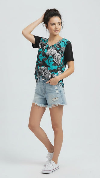 ETC Blue Floral Butterflies V Neck