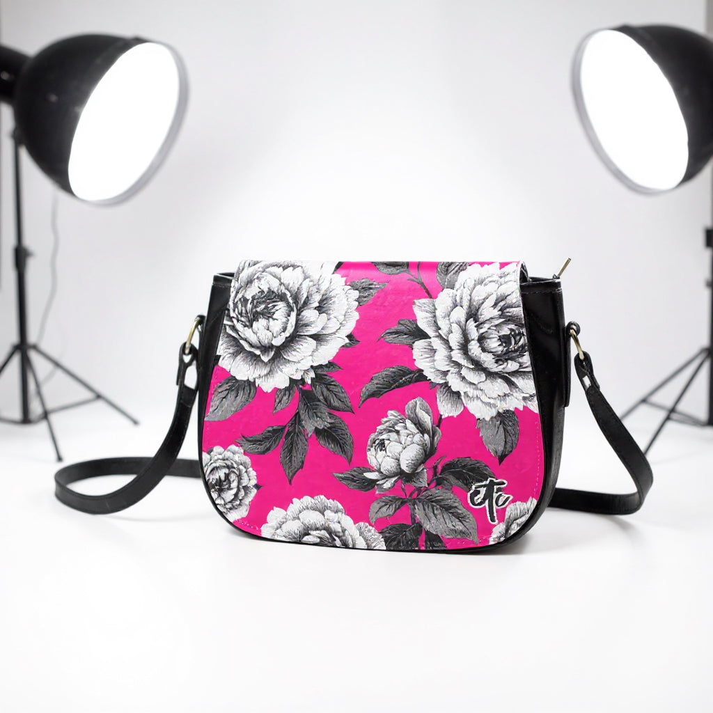 ETC Monochrome Floral PU Leather Saddle Bag
