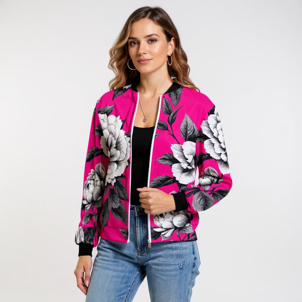 ETC Hot Pink Monochrome Floral  Zipper Jacket